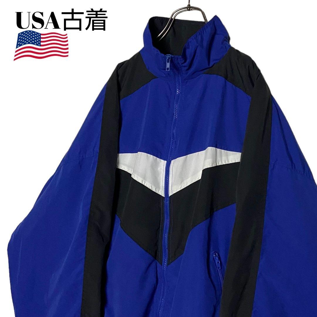 90s USA古着 ナイロンジャケット 青✕黒✕白 Lアーカイブy2kジャンパー