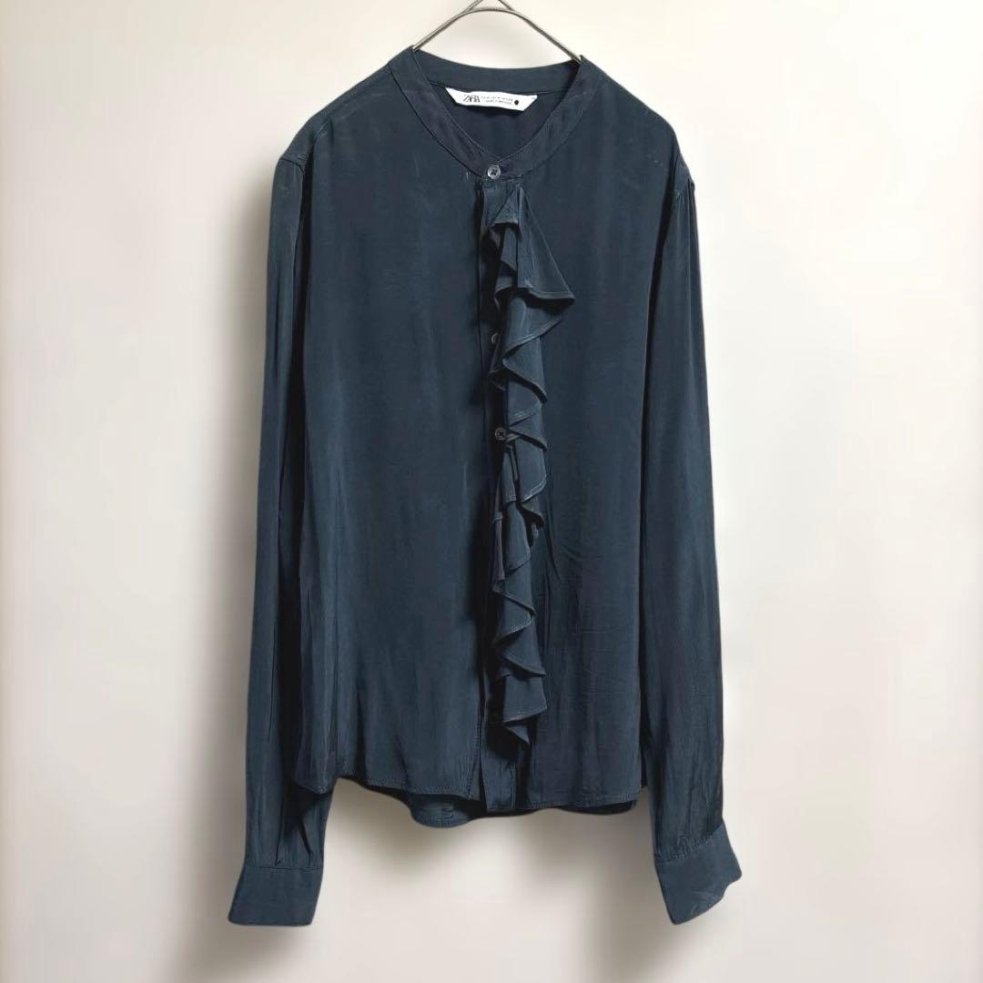 ZARA ザラ 訳あり ダークブルー フリル付き シャツ ブラウス 長袖 M