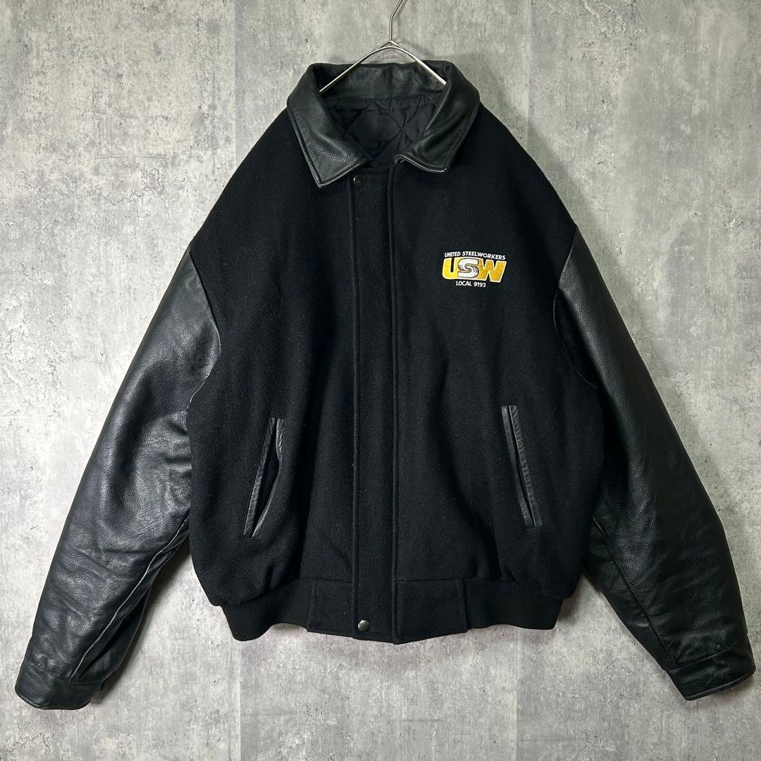 カナダ製 極上 レザー 企業刺繍ロゴ ウール スタジャン 中綿 黒 CANADA