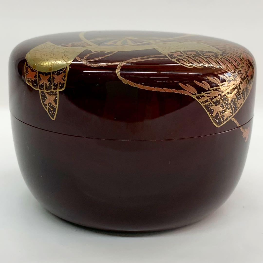 平棗 兜にあやめ】新井司峰 共箱 溜塗