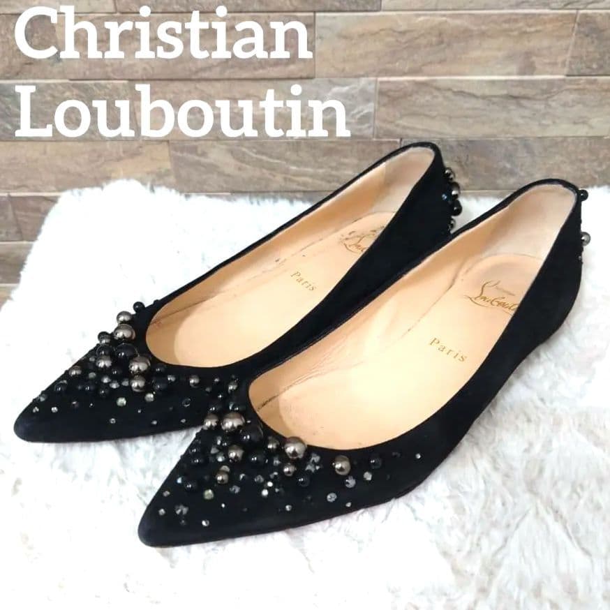 クリスチャンルブタン　ラインストーン　ポールスタッズ　フラットシューズ　24cm クリスチャンルブタン フラットパンプス メッシュ ラインストーン