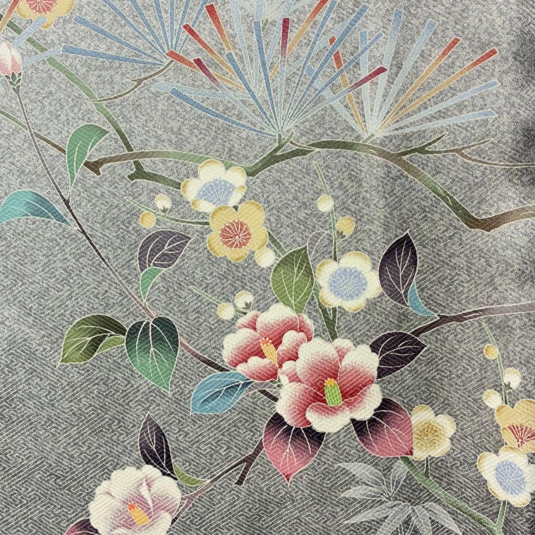 D302 訪問着 花模様 友禅 一つ紋 正絹 着物 袷 しつけ糸付き未使用極美