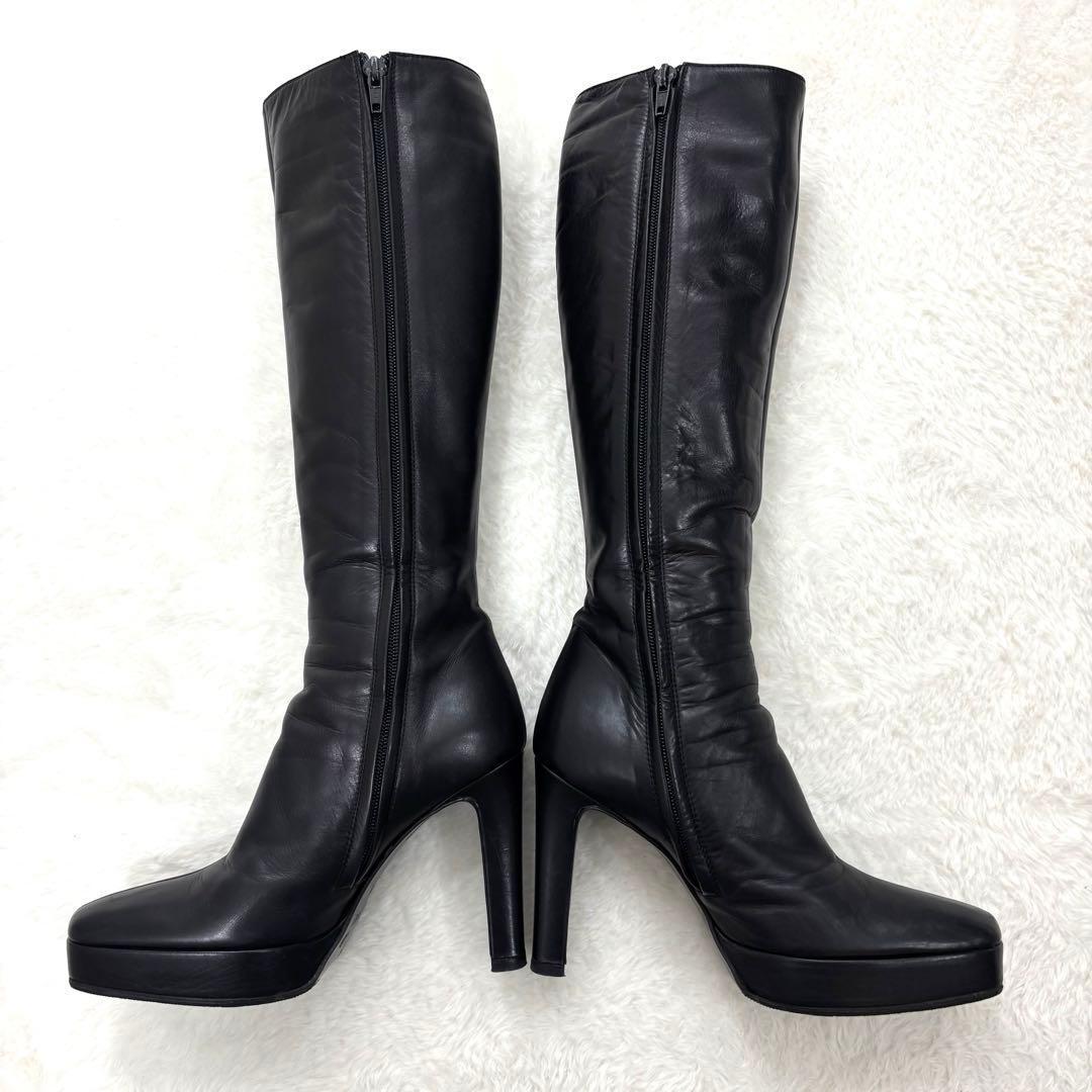 グッチ　ロング ブラック レザー ブーツ　厚底　22.5〜23.0cm　本革