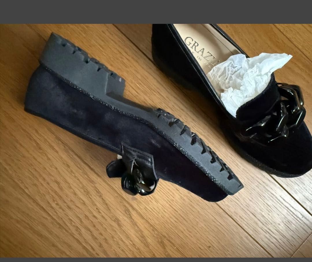 イタリア製 ベロアローファー／チェーンモチーフ ブラック・サイズ36