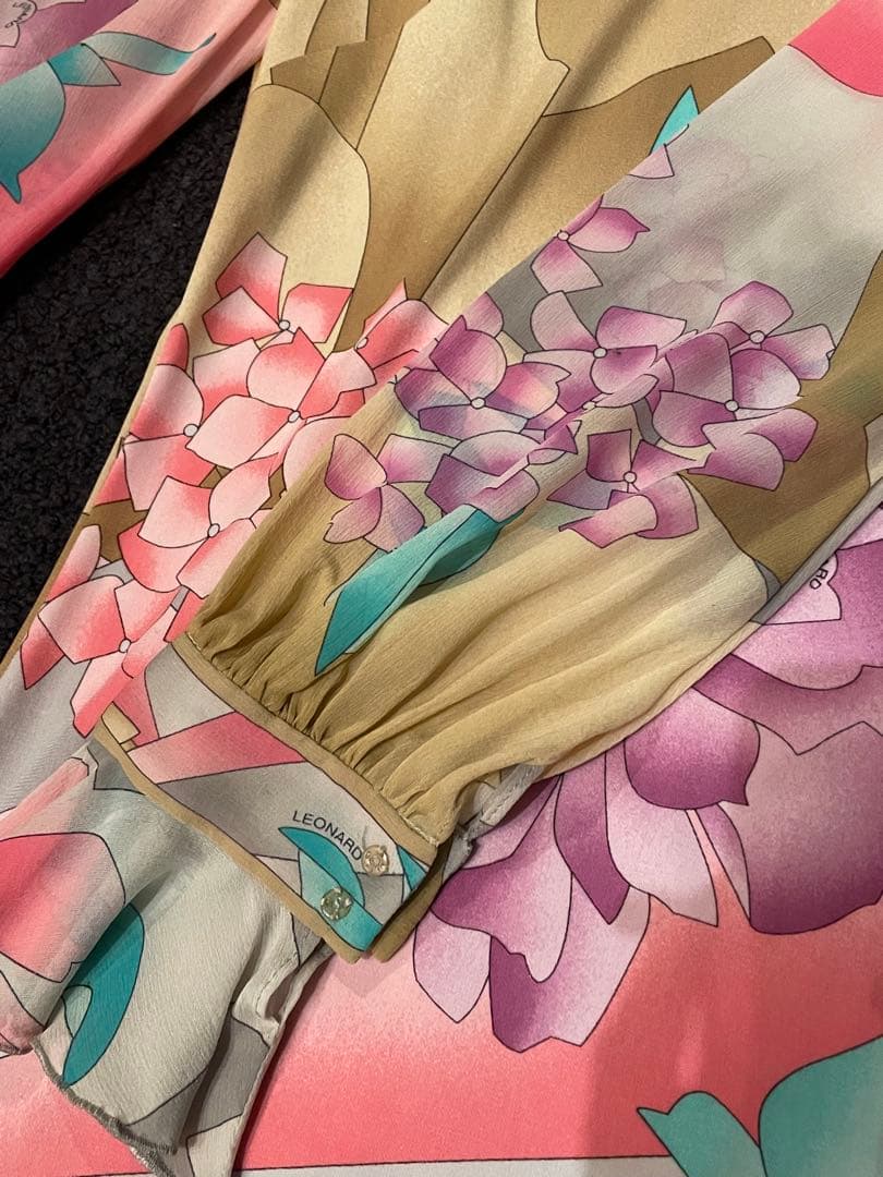 レオナール LEONARD】ミモレ丈 ワンピース 長袖 花柄 ジャージーx絹