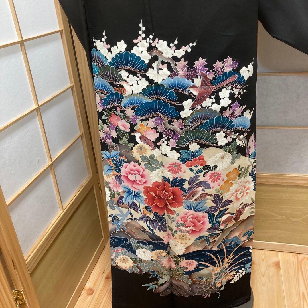 3110］黒留袖 美品 鴛鴦 作家物 比翼付 友禅 五つ紋 蔦 正絹 着物 袷