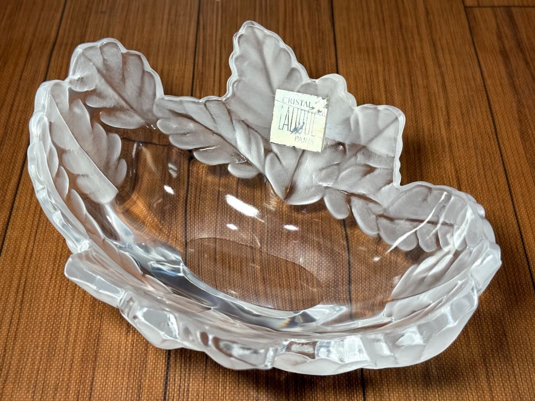 【美品】Lalique ラリック クリスタル ボウル リーフ 彫刻 シール付 R.LALIQUE ルネ・ラリック「LYS」リス 百合 脚付硝子鉢 ボウル