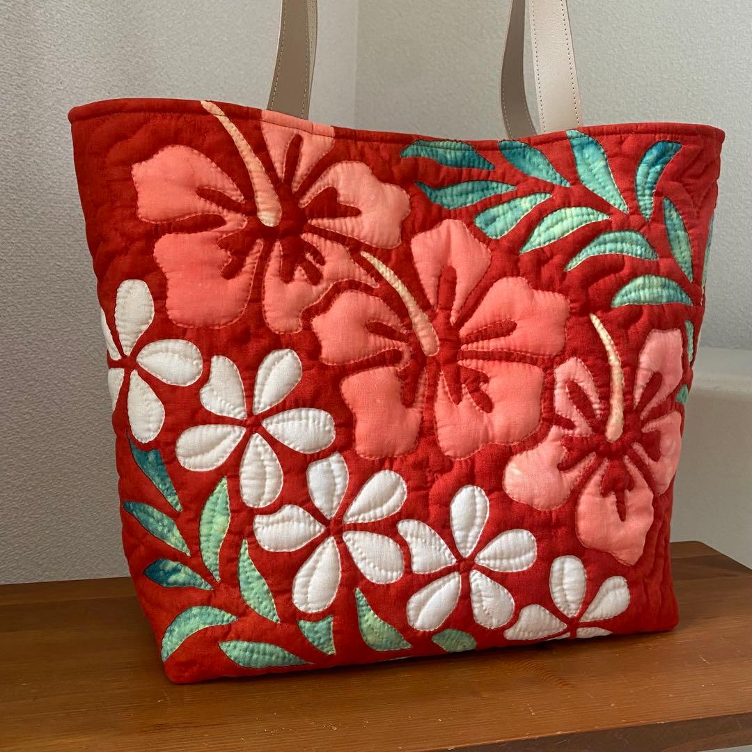 ハワイアンキルト◇トートバッグ◇ハイビスカス、プルメリア