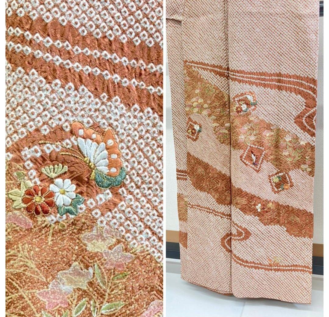 美品 鈴乃屋 総絞り 訪問着 正絹 裄65 身丈161 刺繍・花柄（赤茶色