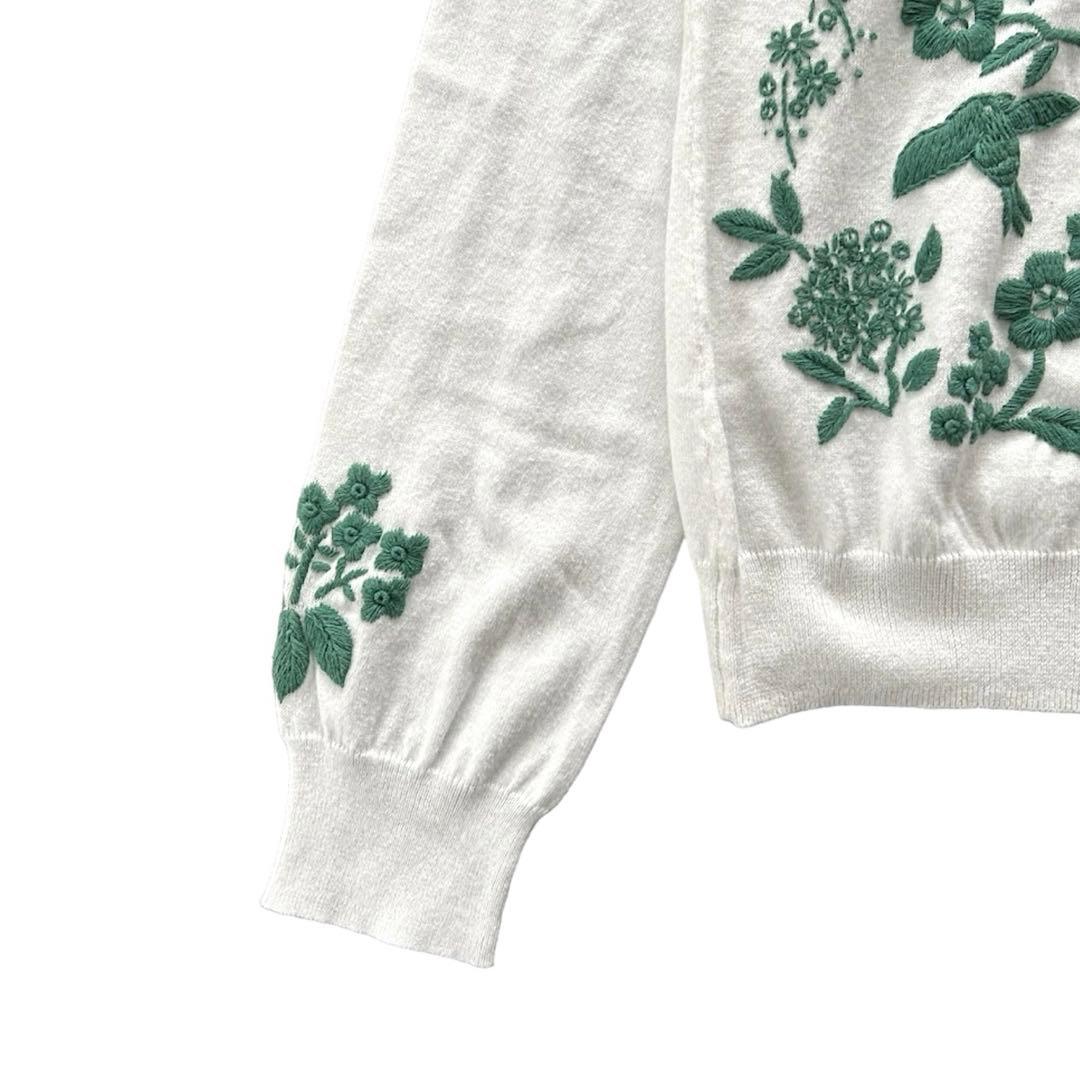 新品】ケイタマルヤマ カーディガン 刺繍 花 鳥 コットン 白 グリーン