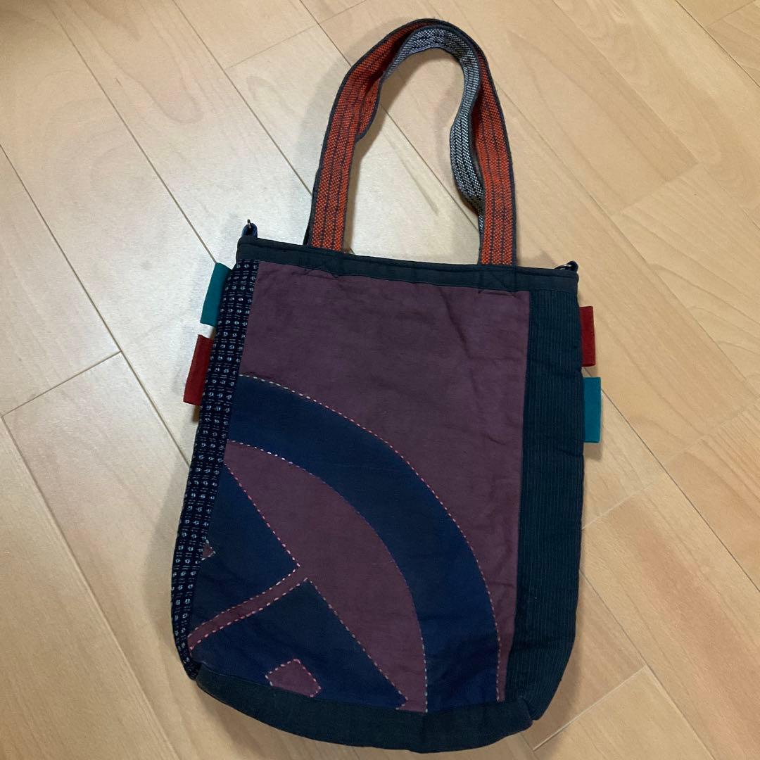 のぼり旗 柿渋染め 刺し子 古布リメイク ハンドメイドバッグ 一点物