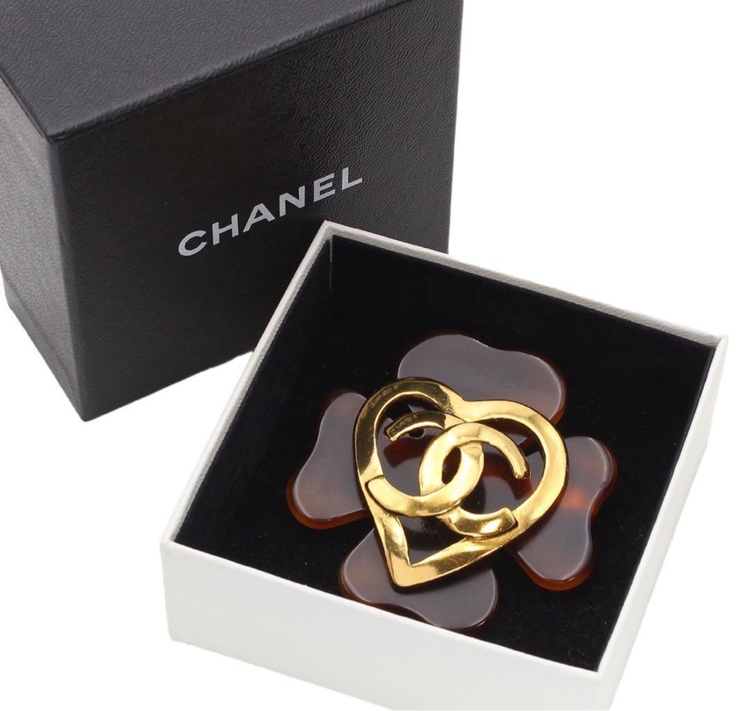 E2307 美品!! シャネル ハート ココマークべっ甲柄 クローバーブローチ