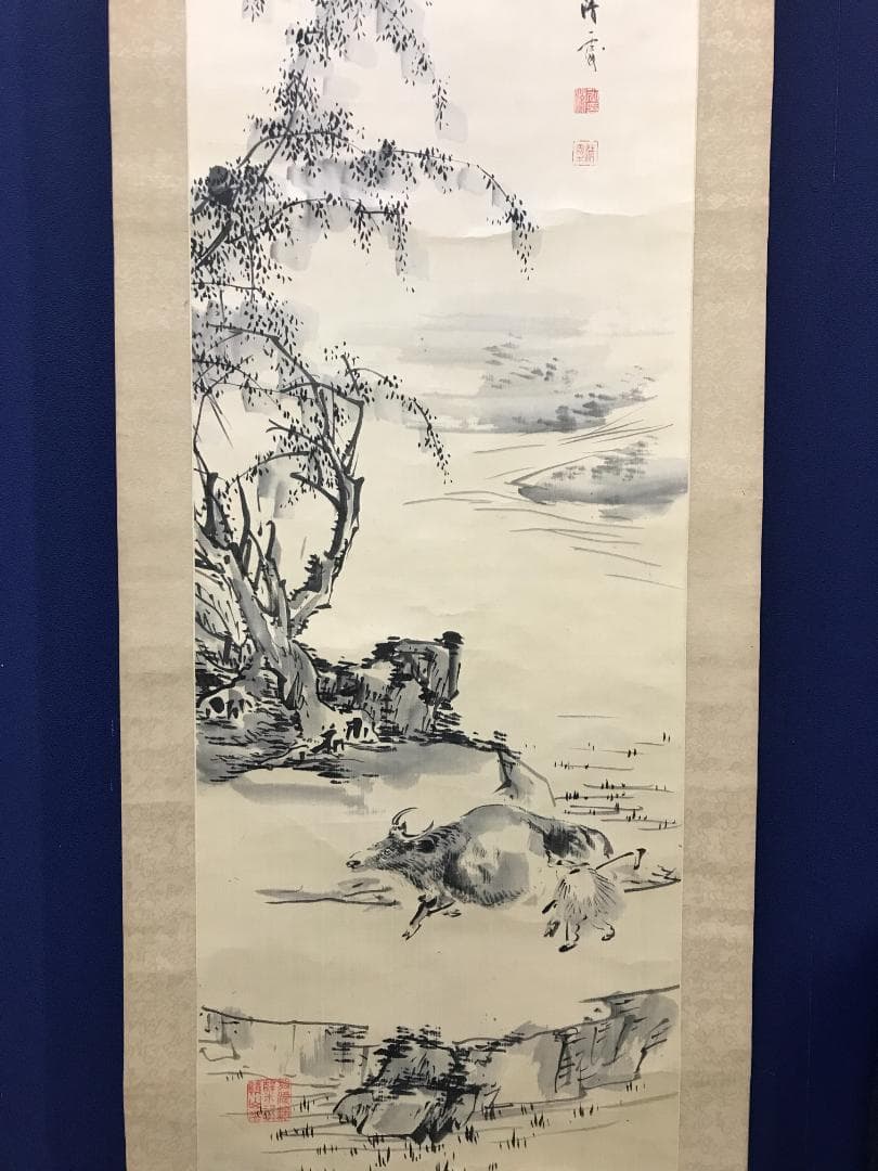 真作/小川清處/春郊牧牛画賛/牛/人物/布袋屋掛軸HB-138 - メルカリ