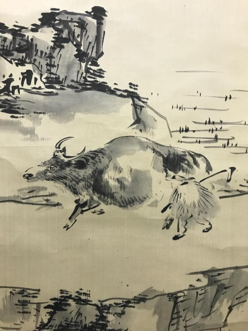 真作/小川清處/春郊牧牛画賛/牛/人物/布袋屋掛軸HB-138 - メルカリ