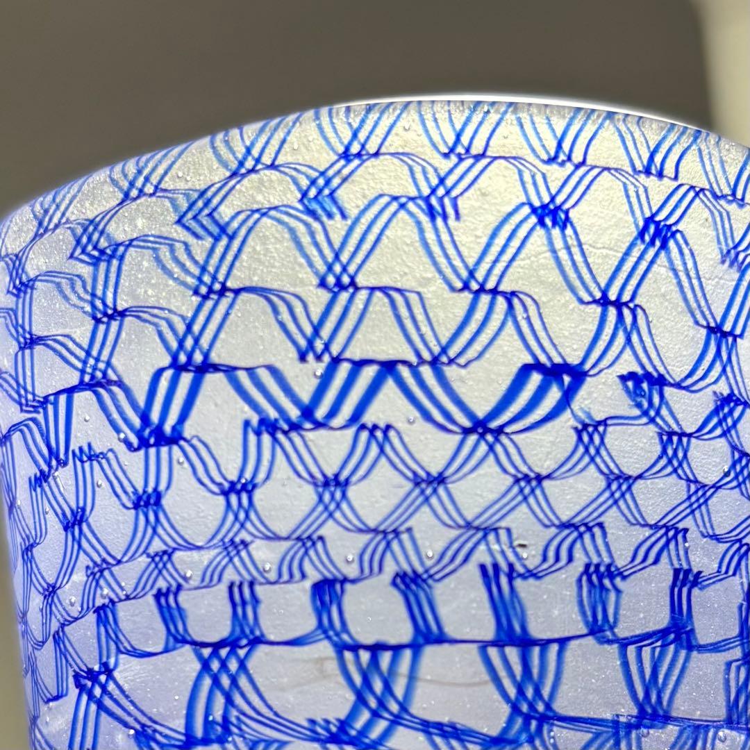 コアガラス 小暮紀一 冷酒杯 レース文様 青 ぐい呑 おちょこ トンボ玉