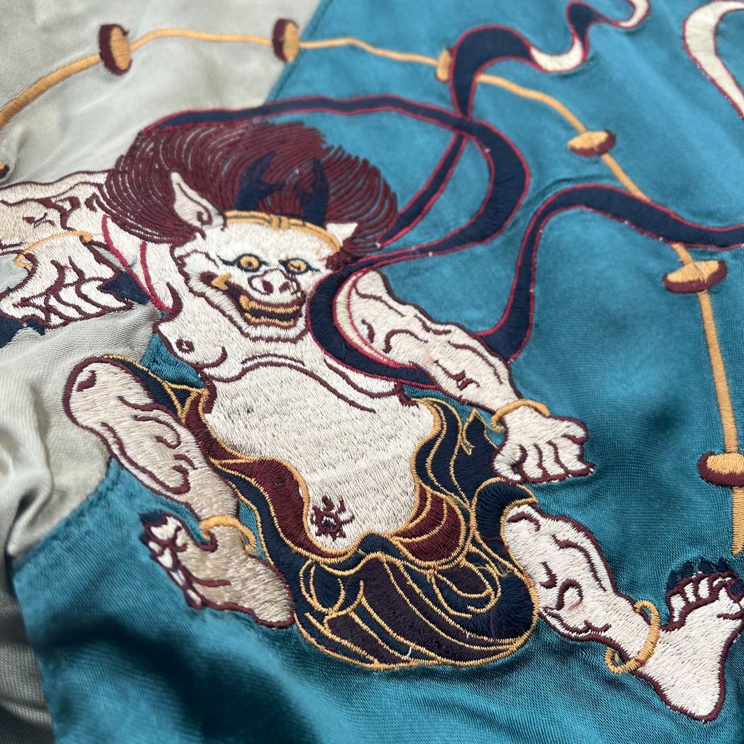 Pin Ball 風神雷神、刺繍 リバーシブル サテンスカジャン 赤 緑