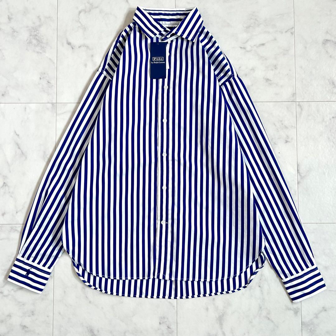 タグ付 ポロ バイ ラルフローレン ストライプ シャツ 袖ロゴ 青 近年