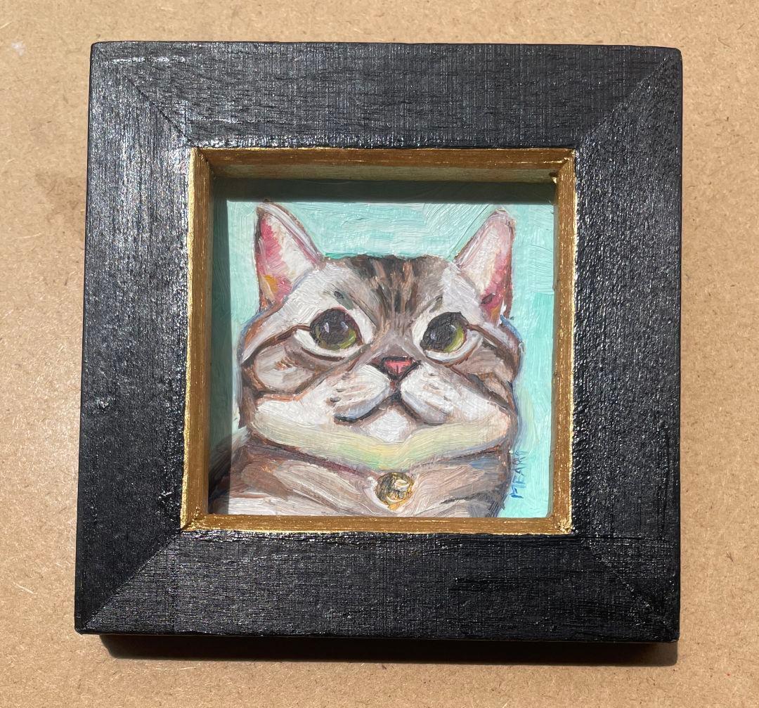 アメリカショートヘア 猫 油絵 原画 額付き 手描き ミニ絵画