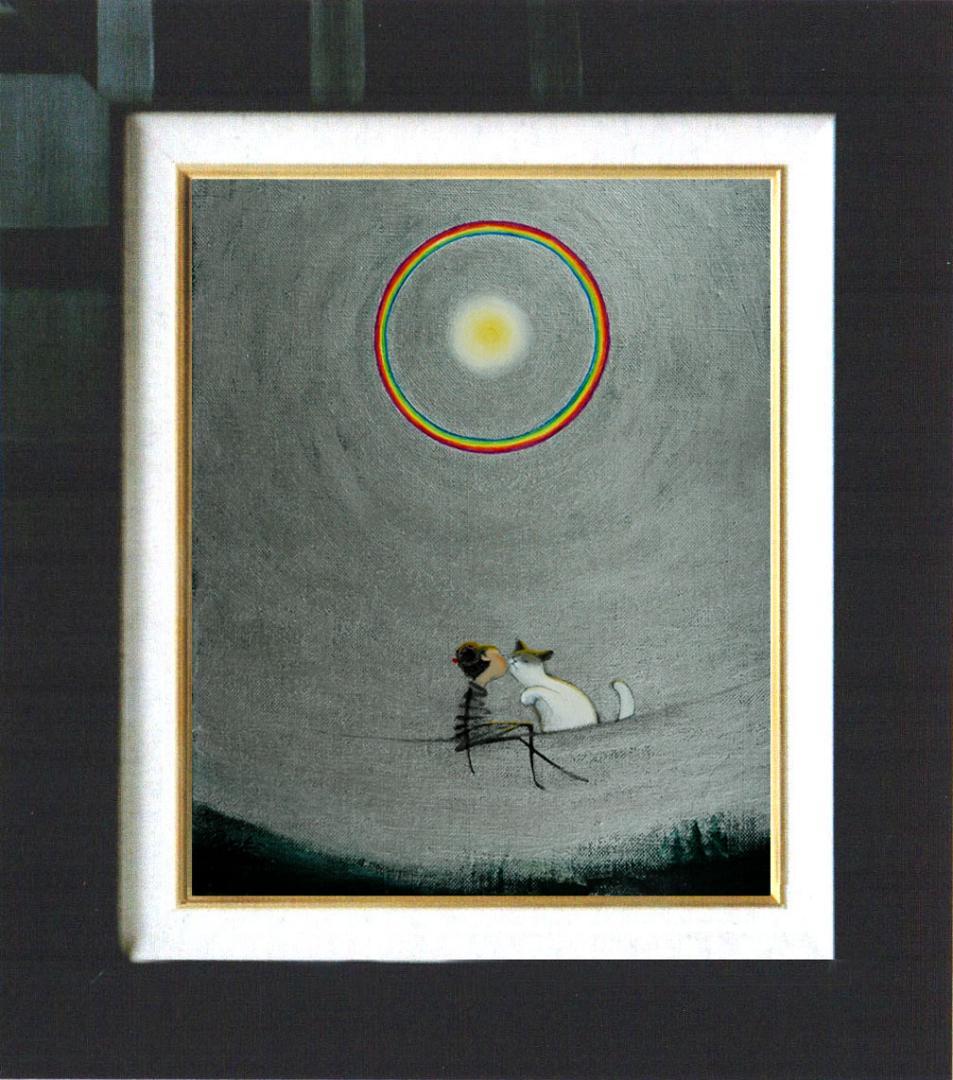 油絵 菅家令子絵 絵画インテリア額付(青緑＋金色の枠)F3-031019猫