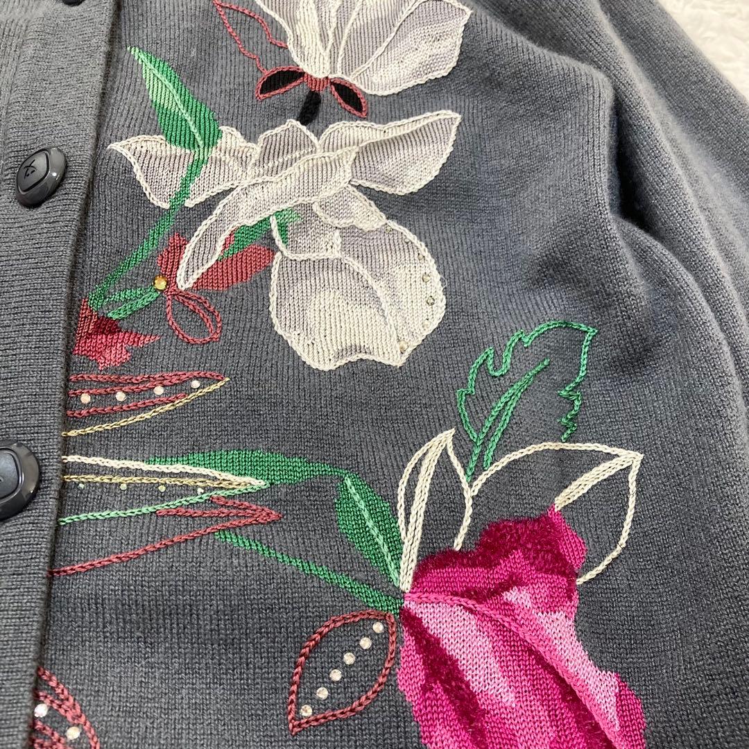 カシミヤシルク♡ レオナール カーディガン ラインストーン 七分袖 花柄 40