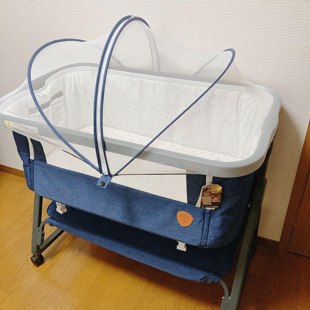 HZDMJ ベビーベッド　ネイビー 高さ調整可能　折り畳み可能 HZMDJベビーベット 添い寝ベッド 揺りかご おりたたみ 消音昇降機能