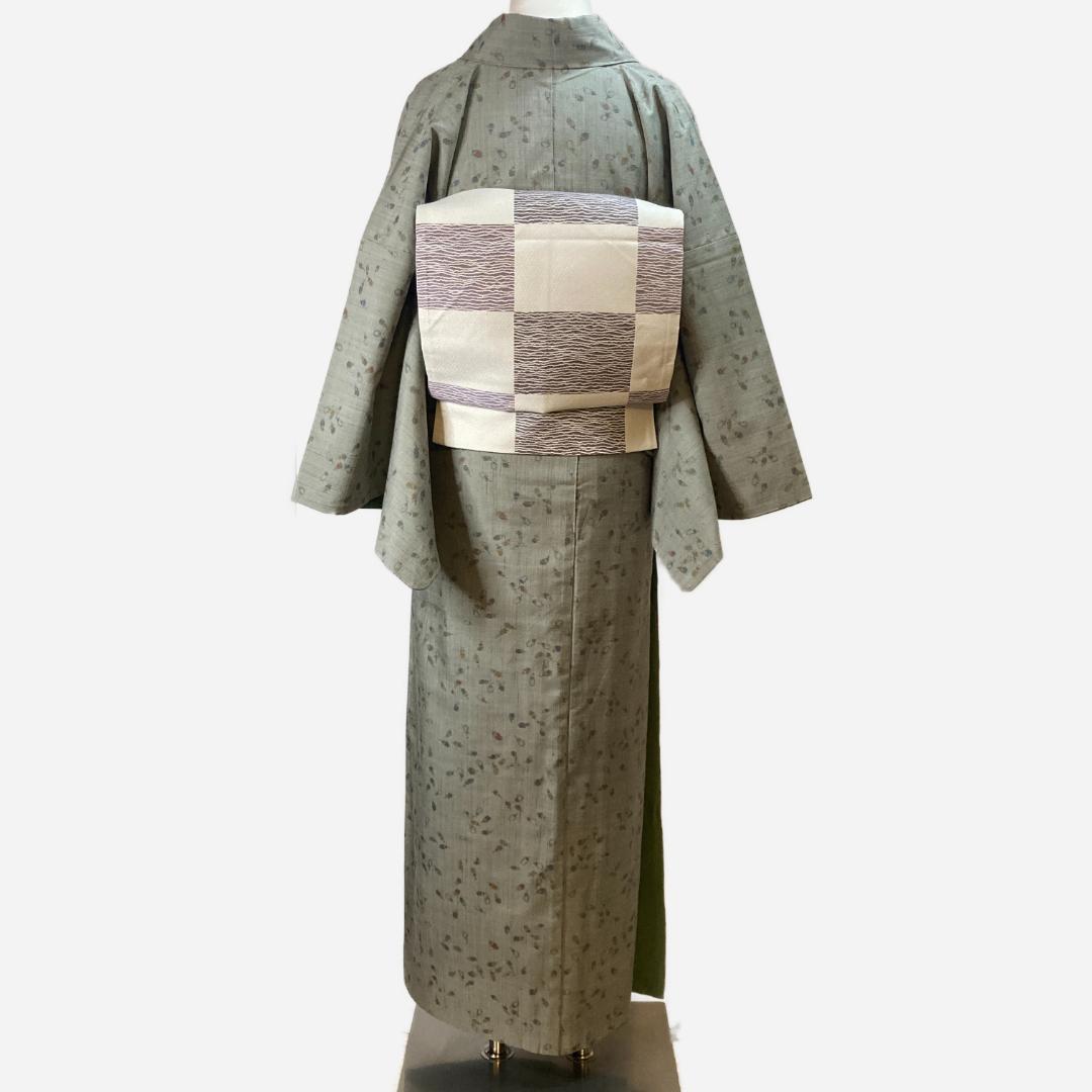 紬 茄子柄 裄68.5 身丈160 袷 正絹 真綿