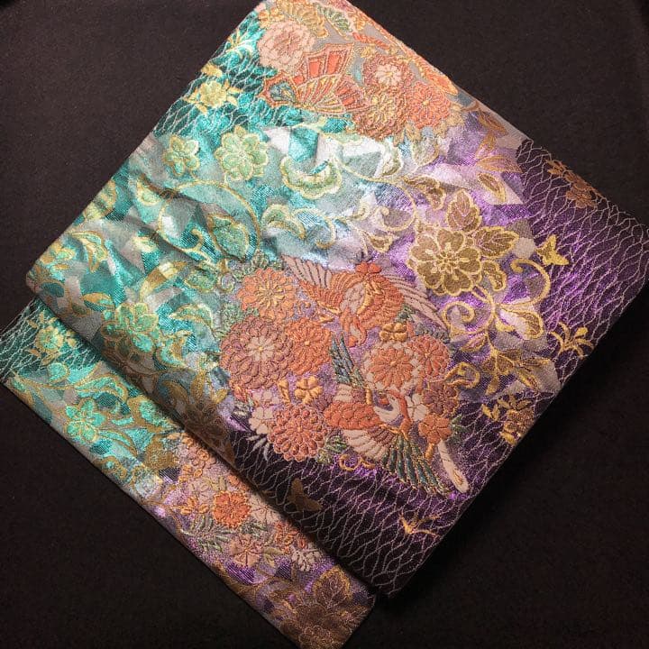 袋帯 正絹 紫×水色 鳥と花と蝶 F75