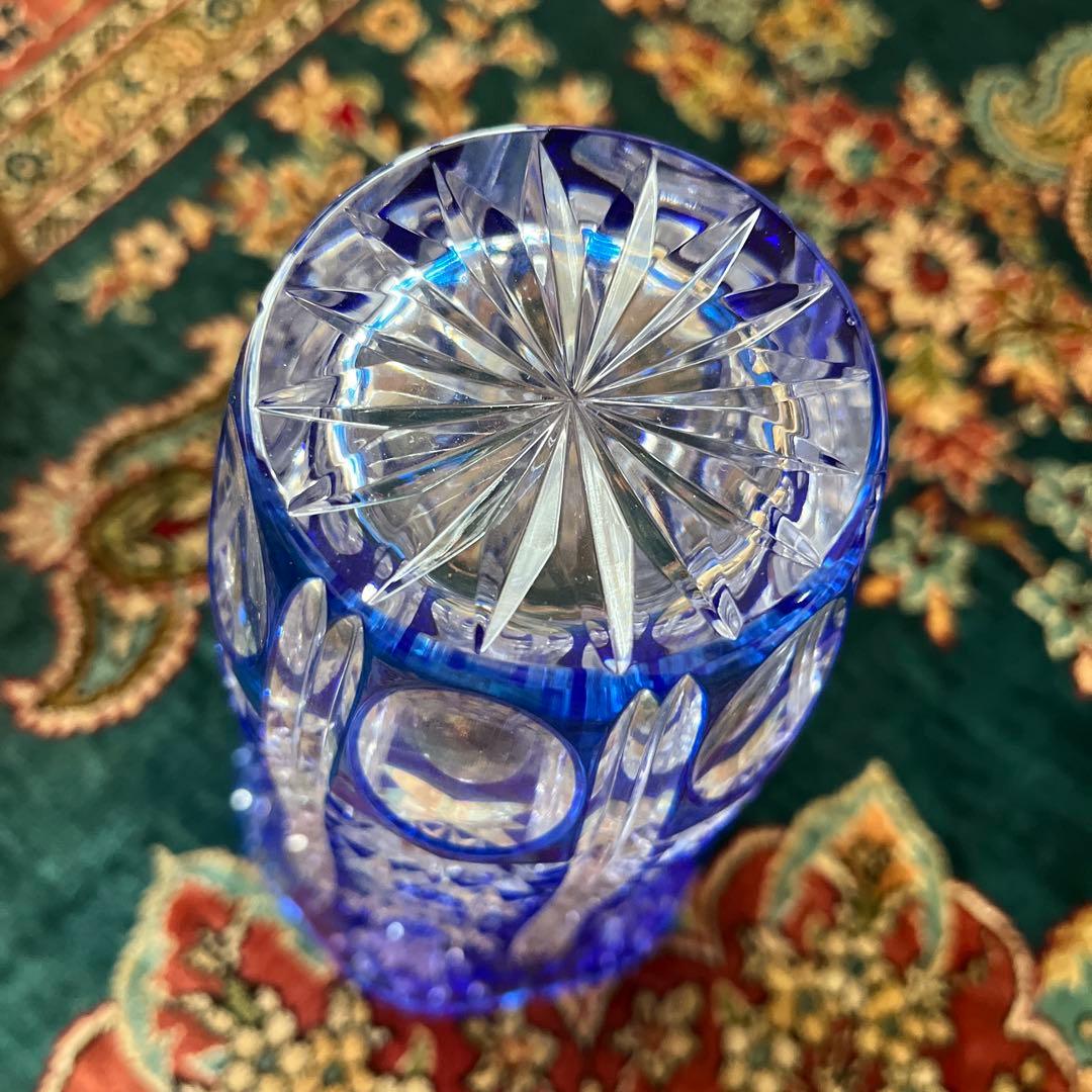 最終値下げ 新品KAMAY カメイガラス 薩摩切子ルリ色被せガラス花瓶