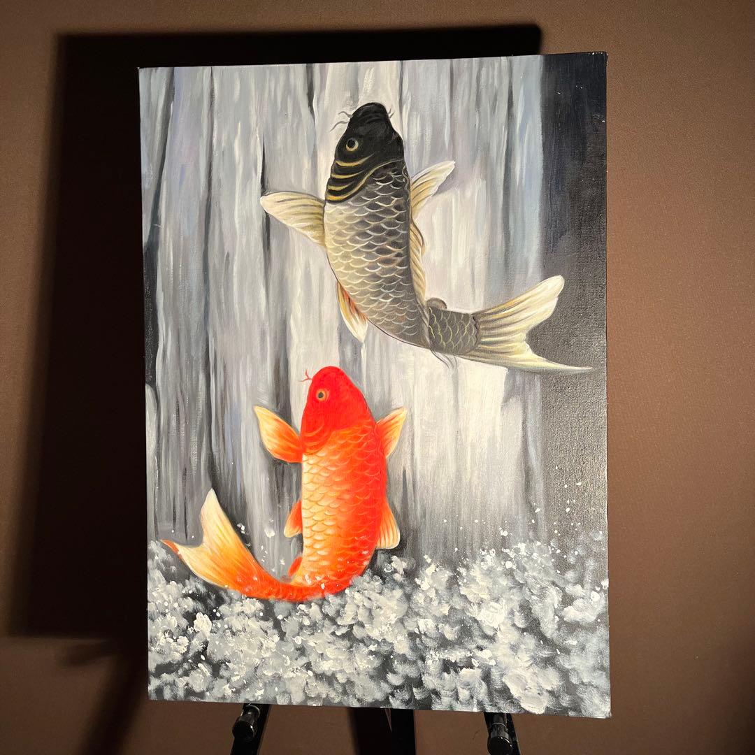 大型）手書き油絵 鯉の滝登り 肉筆絵画 インテリア 油彩画