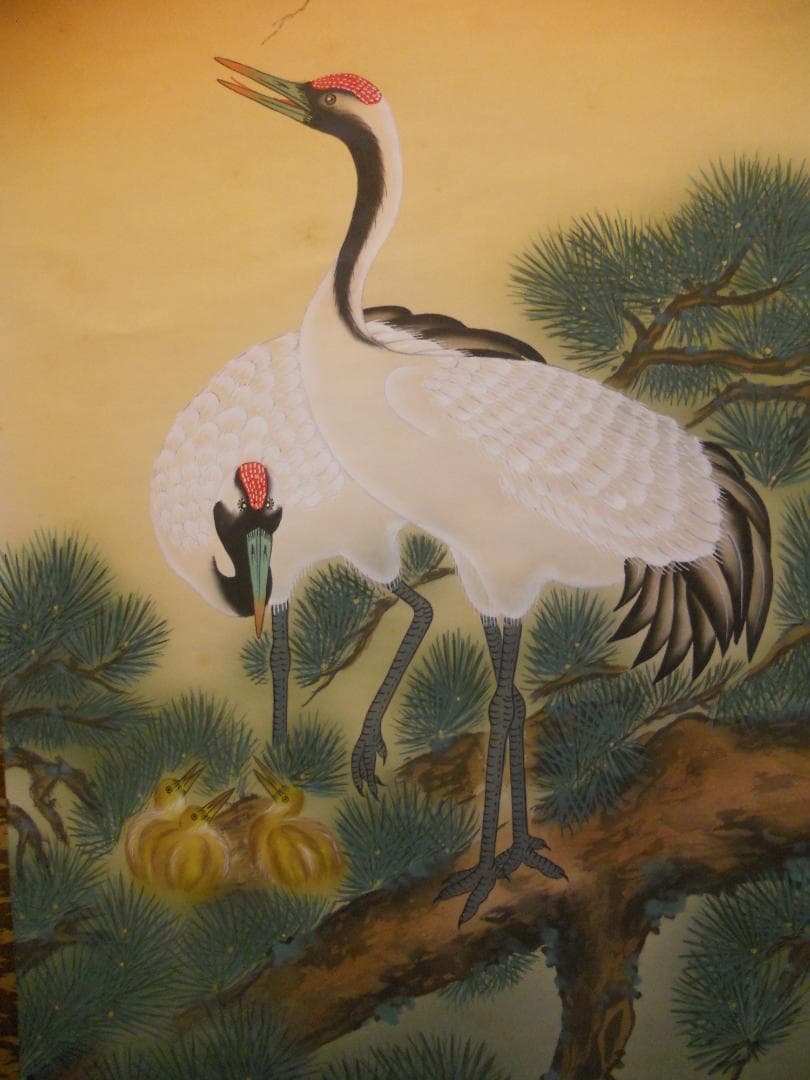 掛け軸 華陽 巣籠り松鶴図 絹本 希少 軸装 茶道具 掛軸 美品 です