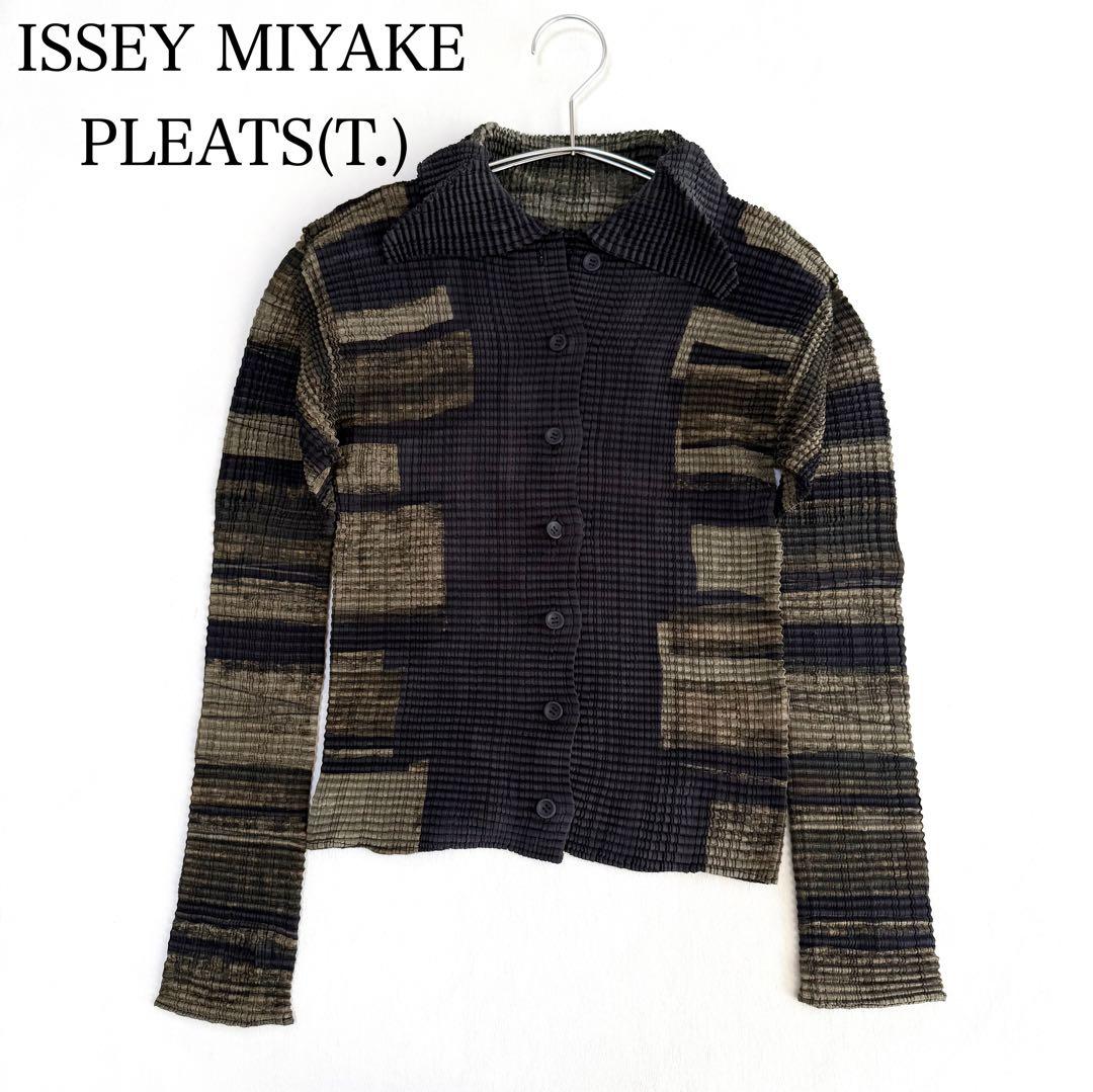 【イッセイミヤケ（T.）】プリーツ長袖シャツ（M）ブラック×カーキ　ブラウス イッセイミヤケ メンズ issey miyake MEN 長袖 プリーツ シャツ 黒
