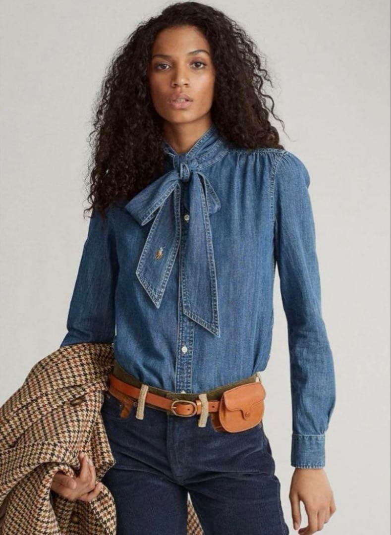 ポロラルフローレンボウタイ ブラウス ポニー刺繍 リボン デニム M