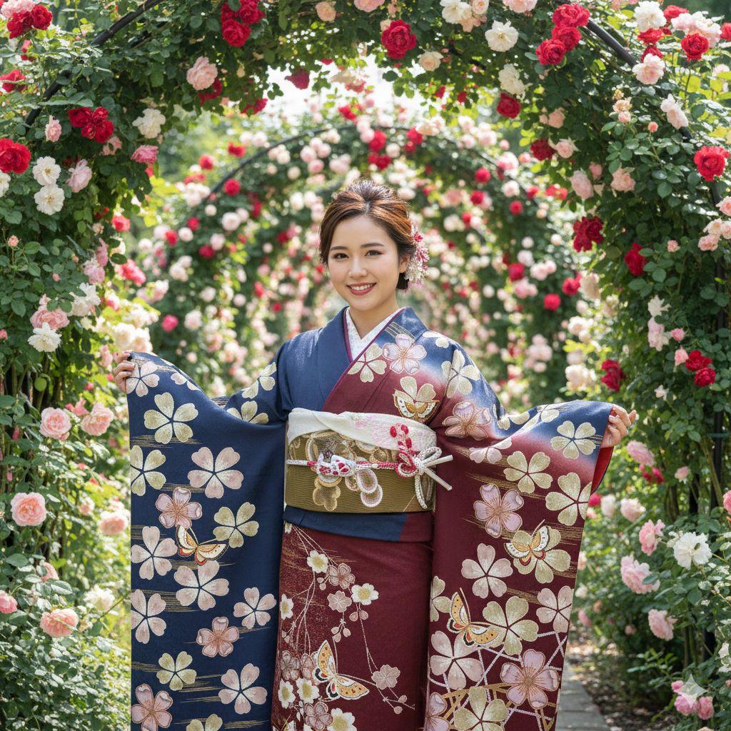 351華やぎ【桜蝶 紺色×ワイン色】【振袖6点フルセット】卒業謝恩会