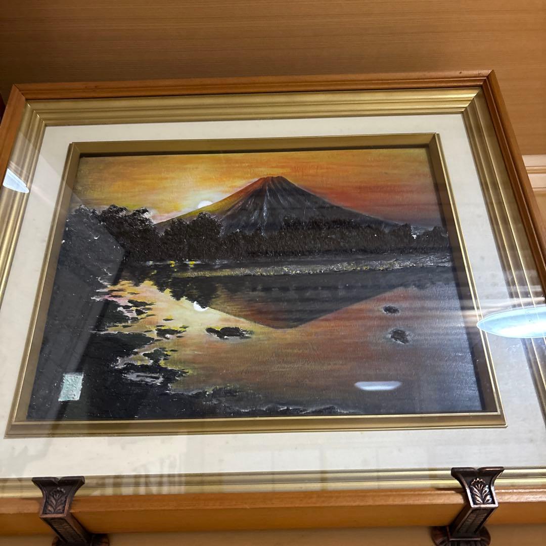 （早い者勝ち）赤富士の日本画 金色フレーム付き　夕日の赤富士山 cfccfb630070e4c3da22b5266f2aad
