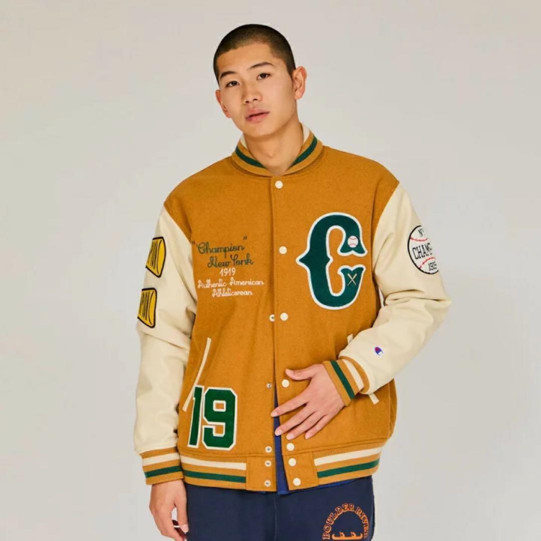 スタジャン チャンピオン 刺繍 ワッペン マスタード ブラウン L スタジャン 刺繍ワッペン付き配色切替茶スタジアムジャンパー 茶色