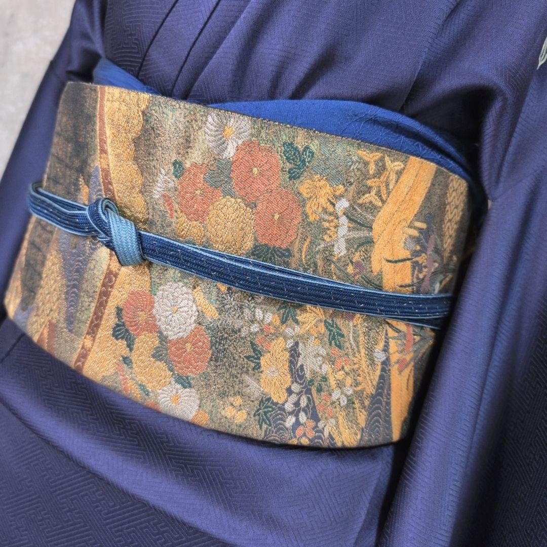 訪問着 フルセット 着物 正絹 青紺 花 相良 刺繍 繊細 F7 - メルカリ