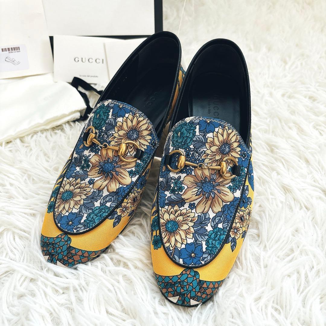 GUCCI フラワープリント　ローファー　総柄　ブルー　イエロー　36ハーフ GUCCI フラワープリント ローファー 総柄 ブルー イエロー 36ハーフ