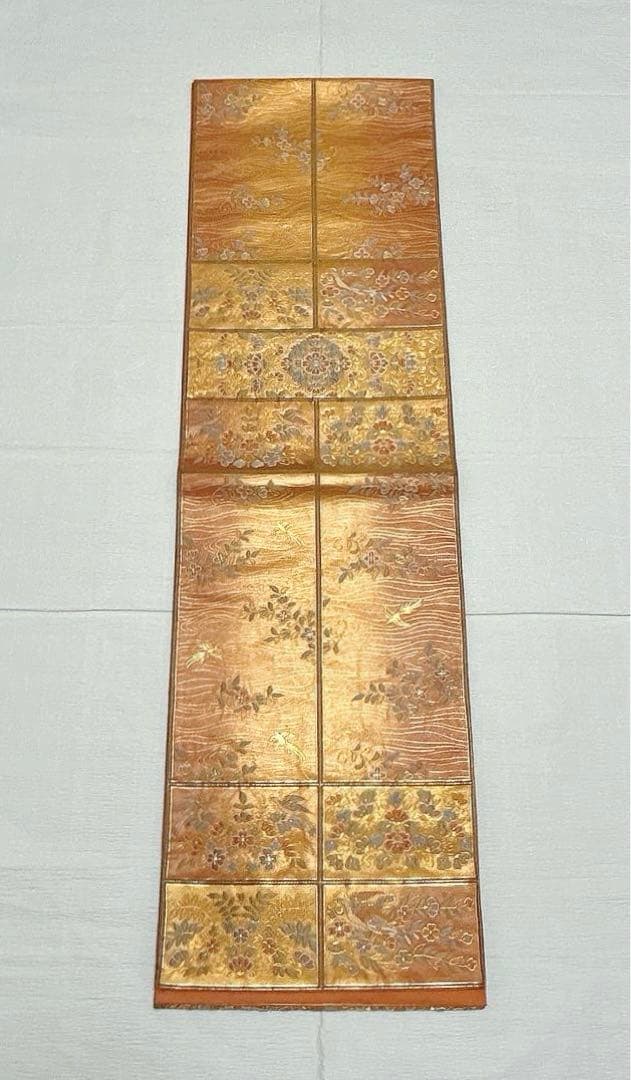 梅垣織物 袋帯 格子華文 西陣織 引箔 正絹 金糸 オレンジゴールド系 逸品