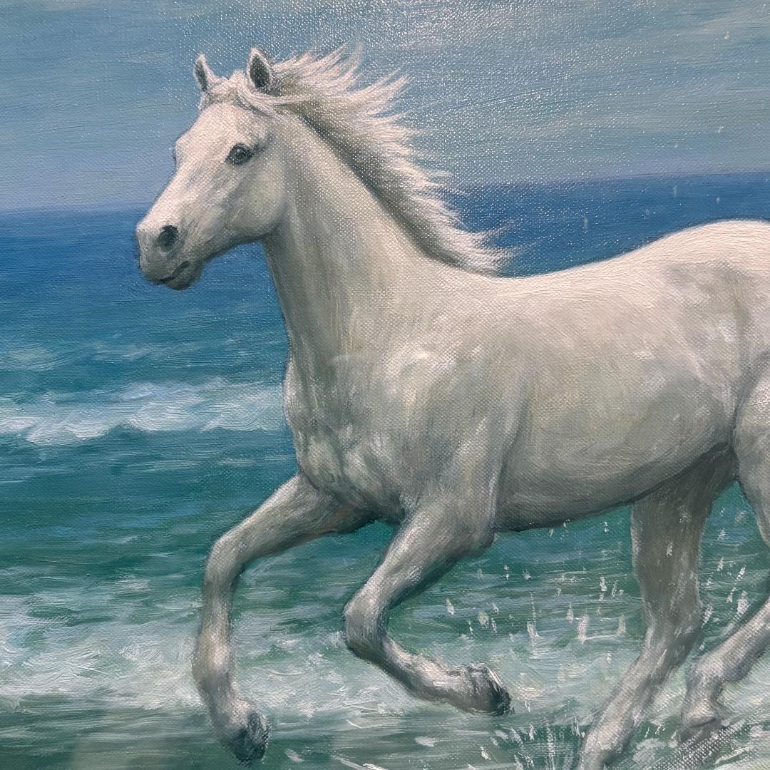 箱付き・F6号】松岡克作 油絵「渚の白い馬」 海辺を駆ける白馬 額装