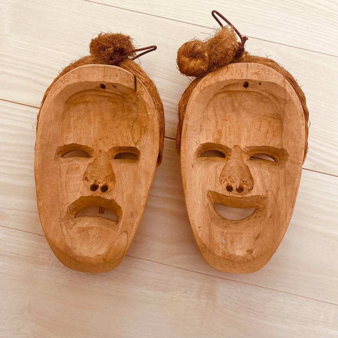 木製 能面 笑顔と悲しみの表情 - メルカリ