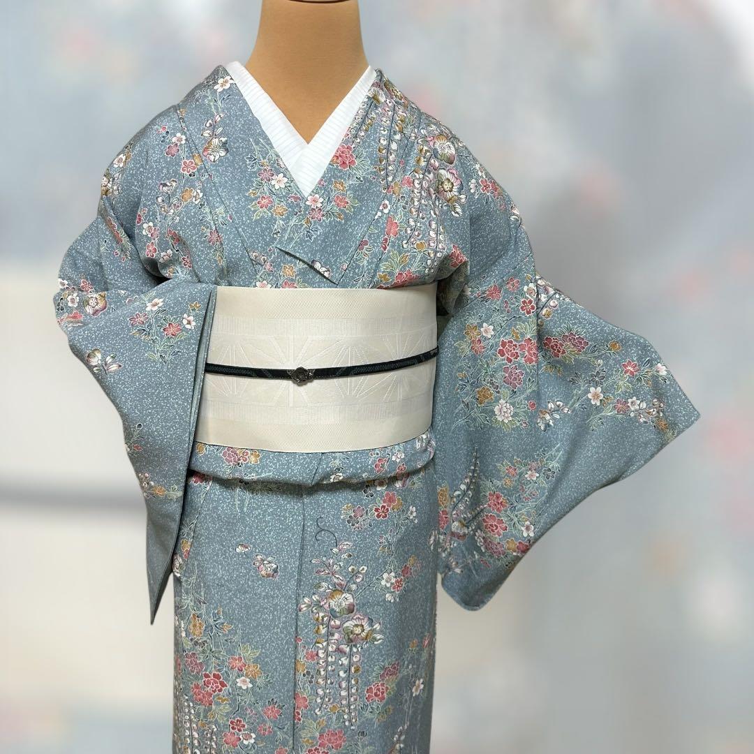 とにかく可愛い‼️友禅風 辻が花小紋 化繊 単衣 くすみブルー系 未使用