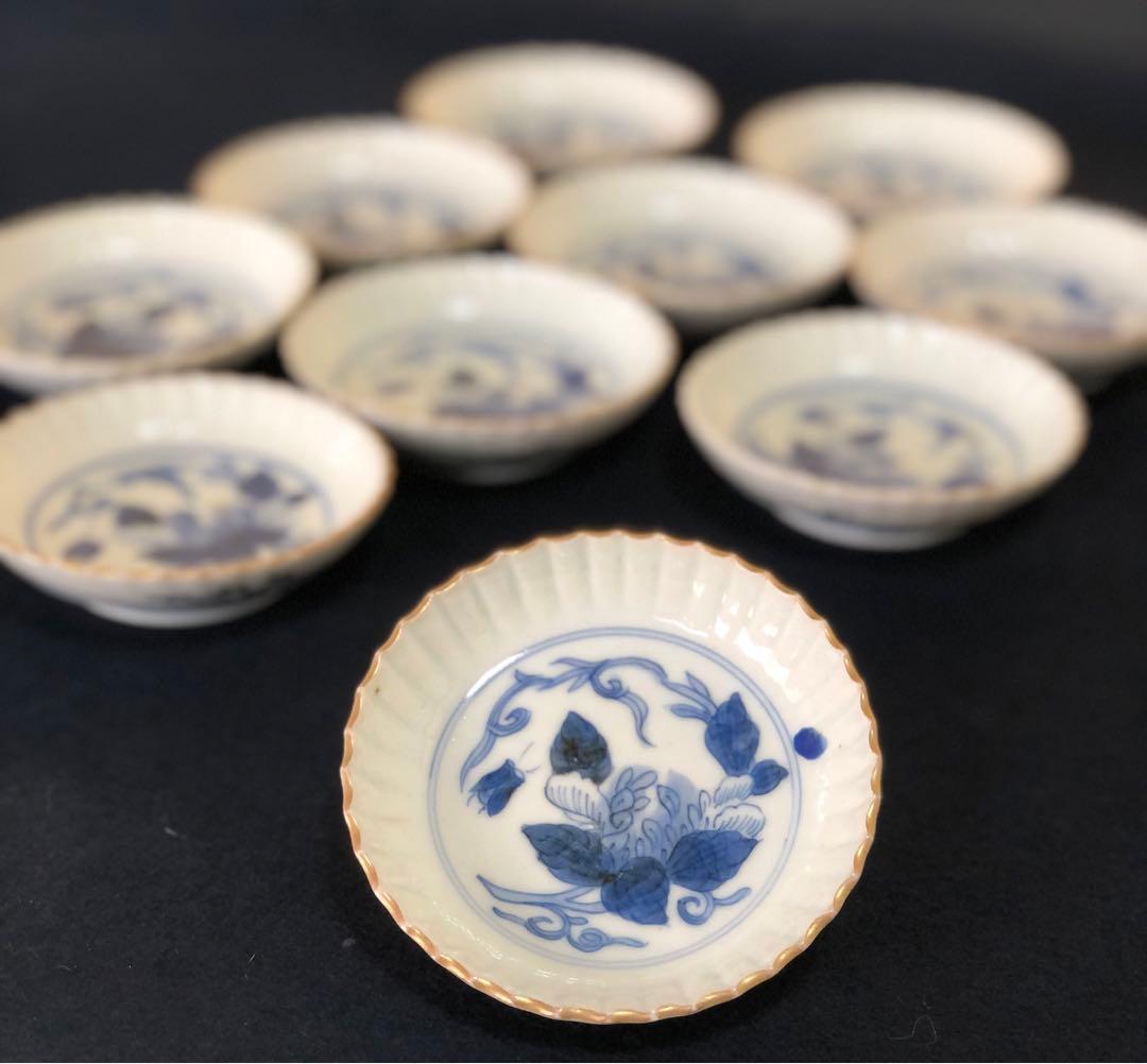 割引❗️《レ》幕末 伊万里 染付 豆皿10客 口縁輪花しのぎ手 1f