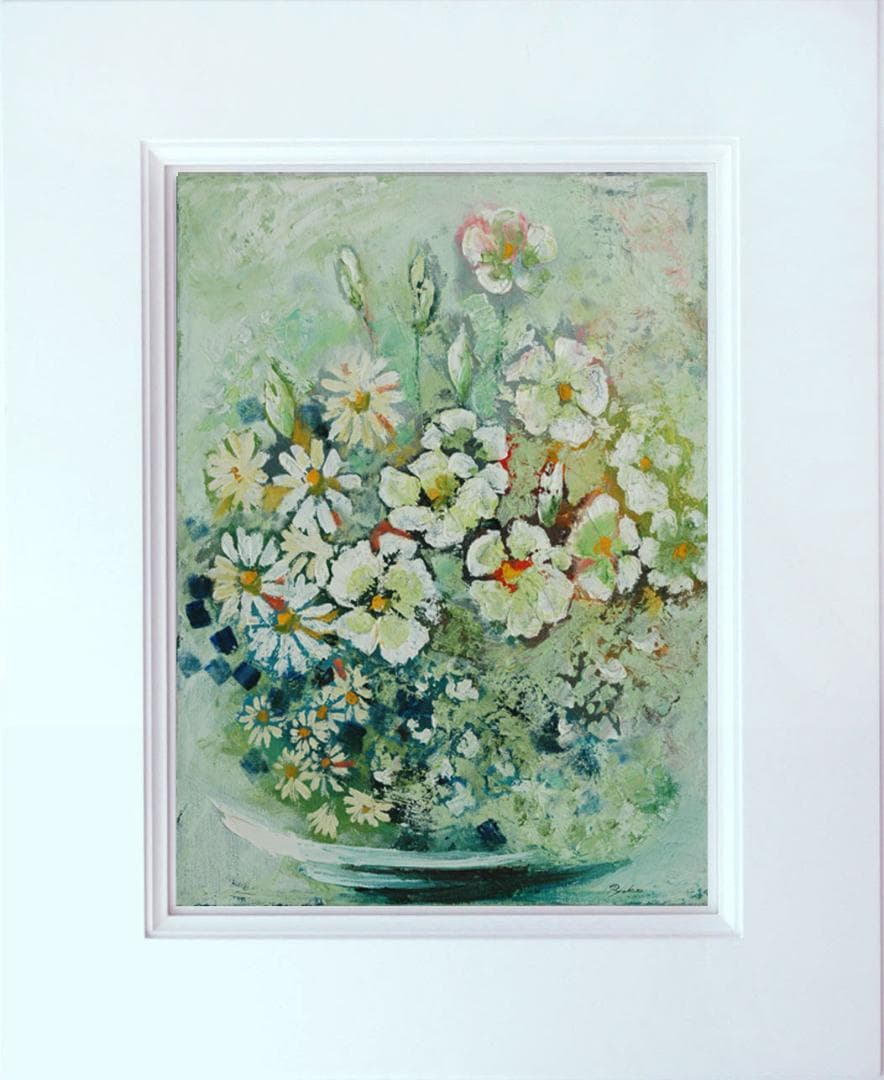 油絵 菅家令子 絵 絵画インテリア 額付(青緑＋金色の枠)uF6-112802花