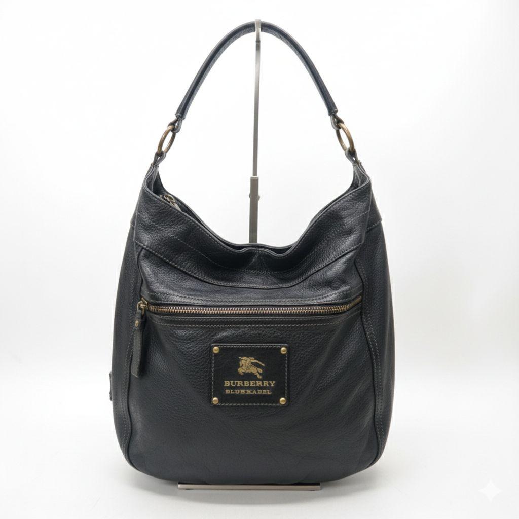 バーバリーブルーレーベル ワンショルダーバッグ シボ革 黒 金ロゴ A4