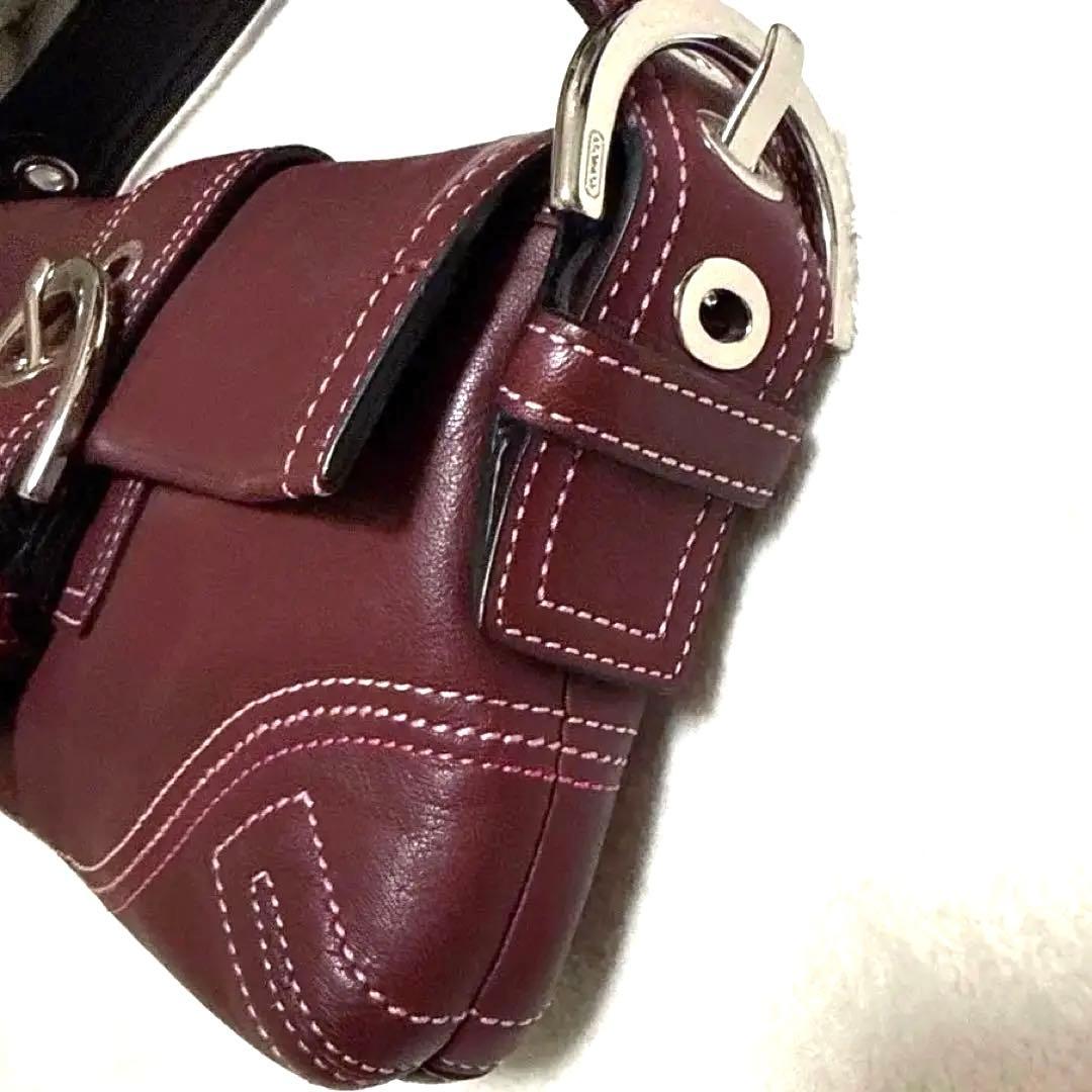 Coach コーチ ピンク スティッチ フラップ レザー ショルダーバッグ