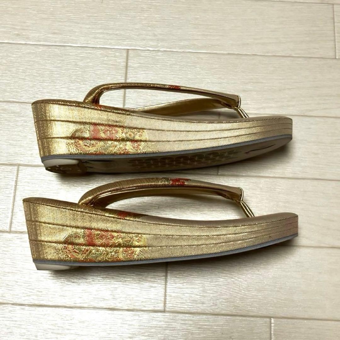 《美品・箱付き》佐賀錦　草履バッグセット　東京芝山　正絹　ゴールド　厚底