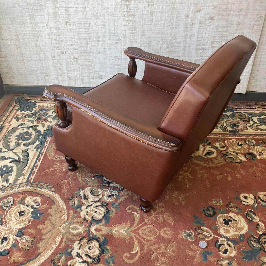昭和レトロ オールドカリモク 古家具 一人掛けレザーソファー アーム