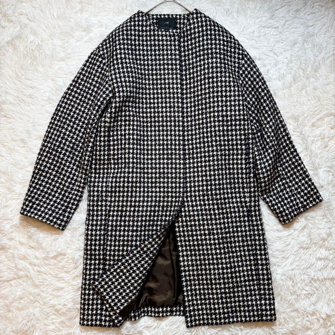 りく様美品 23区 千鳥格子 ツイード ノーカラー ロングコート 23年製 6