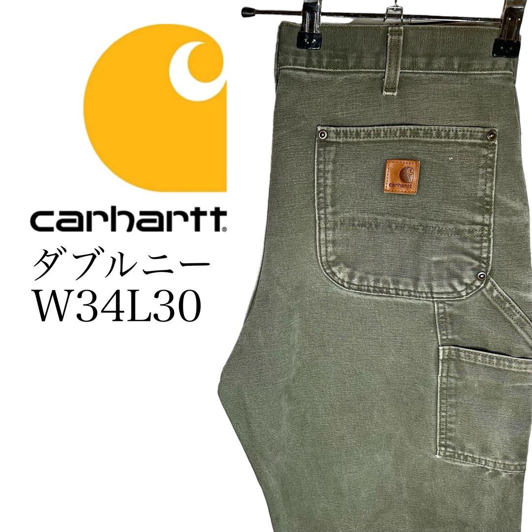 b170]USA古着カーハートダブルニーモスグリーンペインターパンツ革