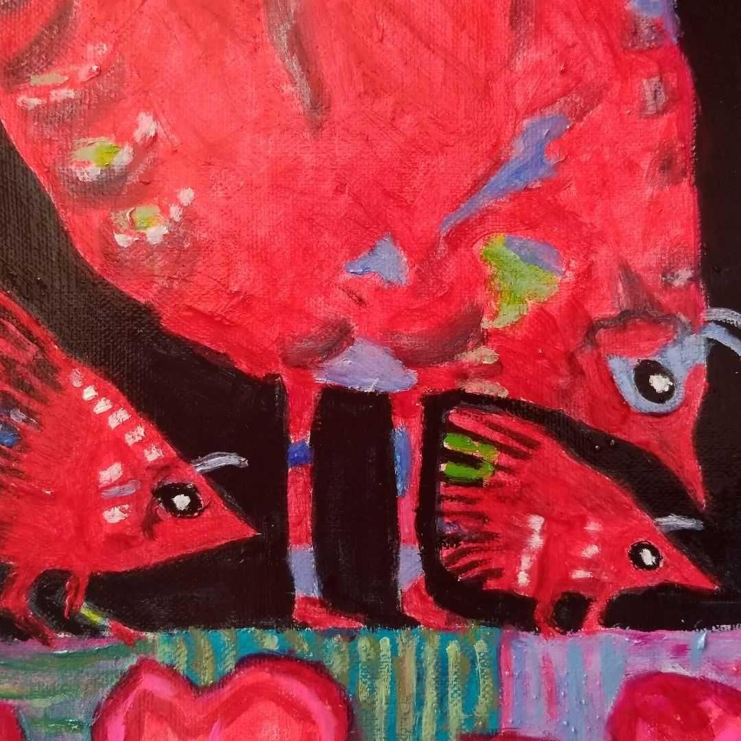 油絵 専用 赤い鳥の家族と赤い花